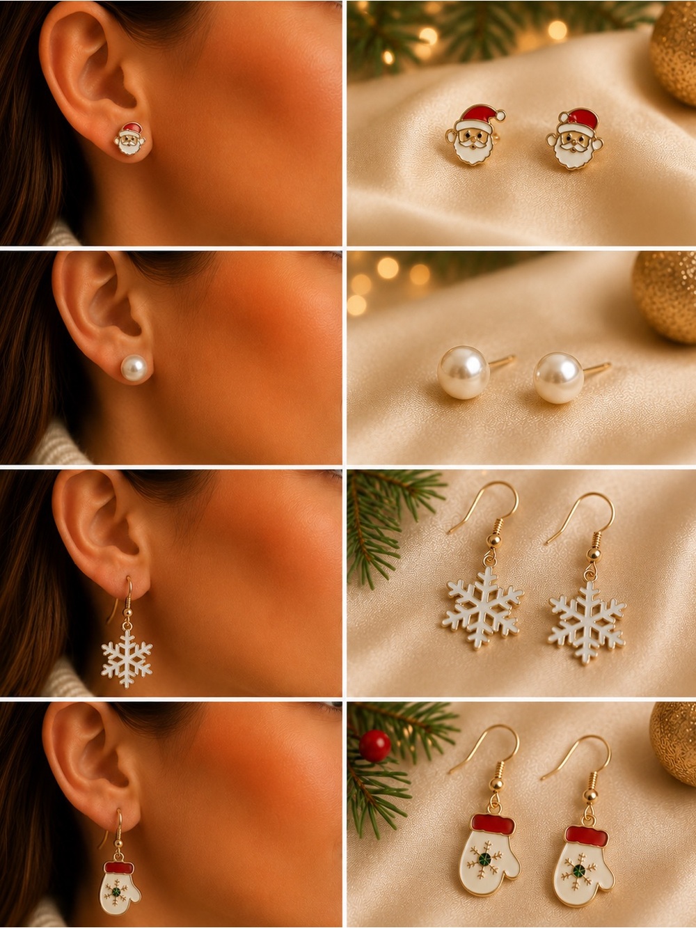 Christmas Santa Snowflakes Mittten Pearl Earrings Set Festive Holiday Jewelry